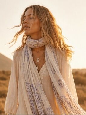 Free People Style Gauzy Boho Scarf 30x70 Lightweight Wrap Cream Purple Festival